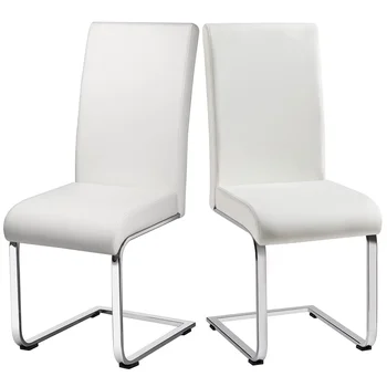 מודרני כסאות אוכל מרופדים גבוהה בחזרה האוכל כיסאות עור PU מטבח, כסאות עם רגלי מתכת, לבן