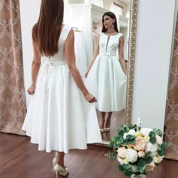 עגל אמצע אורך כלה שמלות חתונה קצרה תכשיט תחרה Bridel שמלת קו סאטן 2022 הקיץ החלוק דה Mariee