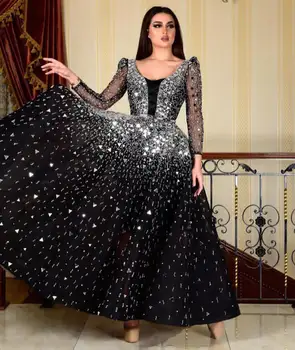 Linyang שחור קו צוואר V שמלת נשף באורך קרסול עם שרוולים ארוכים חרוזים ערב קיץ אלגנטי שמלה למסיבת עבור Women2023