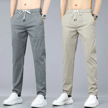 2023 הקיץ החדשה של הגברים קרח משי דק מזדמנים מכנסיים אופנה קוריאנית למתוח ייבוש מהיר מכנסיים Slim Fit מכנסיים זכר בגדי מותג