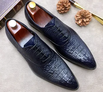 סגנון חדש מחודדים דפוס תנין עור אמיתי תחרה עד נעלי אלגנט גברים אנגליה סגנון הלבוש העסקי המשרד נעלי עבודה