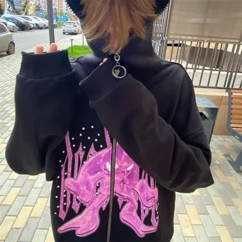 המעיל היפ הופ אופנת רחוב נשים הסווטשרט אנימה גרפיקה גותי Harajuku גראנג 'קט Emo Y2K בגדים תסגור OverSize קפוצ' ונים גברים