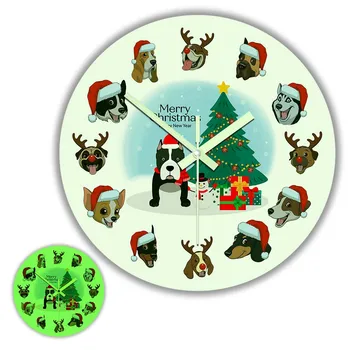 מקסים גזעי כלבים עם כובע חג המולד זוהרות שעון קיר החג עיצוב הבית ומבורכת ראיית לילה זוהרים בחושך השעון