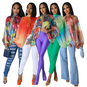 אפריקה בגדי נשים קיץ אפריקה אופנה הדפסת עטלף שרוול ארוך לראות למרות משוחרר מסיבה החולצה נשים חולצה חולצות