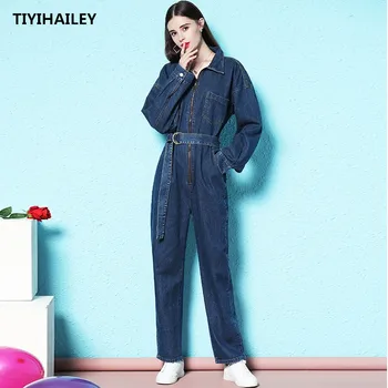 TIYIHAILEY משלוח חינם אופנה ספארי סגנון שרוול ארוך לנשים האוברול ג ' ינס ו Rompers S-XL אביב סתיו רוכסן המכנסיים.