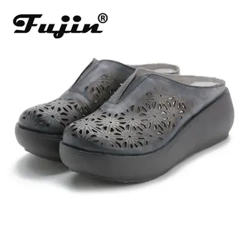 Fujin 5cm אופנה חדש עור אמיתי שקופיות קיץ נעלי פלטפורמת טריז נשים Fretwork נעלי להחליק על חלול גבירותיי מעצב