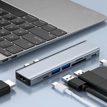 7 ב 1 כפול מסוג זכר-C-HUB אלומיניום USB C רכזת מתאם HDMI 4K-תואם ברק 3 משטרת טעינה מהירה עבור MacBook