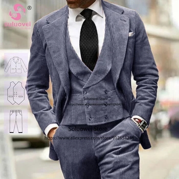 (צבע מותאם גודל) אופנה קורדרוי חתונה, חליפות לגברים גודל גדול 3 חתיכה מכנסיים להגדיר החתן ערב טוקסידו בלייזר Masculinos