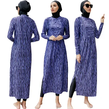 חיפוי מלא נשים מוסלמיות בגדי ים האסלאמית בגדי ים צנועים 3 חתיכות חליפות שרוול ארוך פסים הדפסה Burkinis חולצות ארוכות מכנסיים כובע
