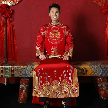 סינית מסורתית החתונה קלייה בגדים של גברים Xiuhe תחפושת אדום קלאסי החתן טאנג חליפות רטרו רקום השמלה הארוכה