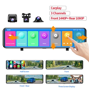 carplay Dash cam 12 אינץ 1440p רכב DVR מצלמה זרם המראה 1080P 3 ב-1 כונן וידאו אוטומטי מקליט 3 מצלמות