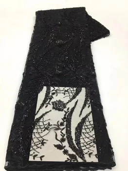 אפריקאי שחור נצנצים בד תחרה תחרה באיכות גבוהה 5 מטר הניגרי צרפתית חרוזים רשת תחרה, בדי שמלות כלה בתפירה.