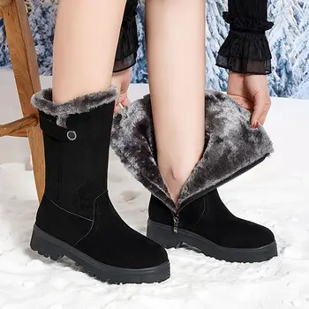 נעלי נשים עור ופרווה נעל מגפי שלג האישה הנעלה נעלי פרווה חצי מגף חורף 2023 שחור קוריאני חם למכירה מרופד