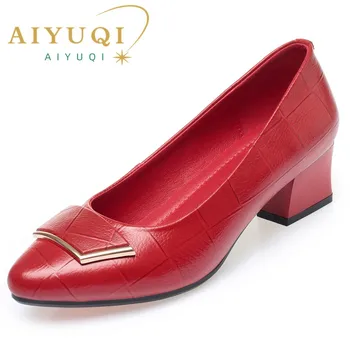 AIYUQI שמלת נעלי נשים עור אמיתי גודל גדול 41 42 אמצע העקב נשים האביב נעלי אופנה אדום המשרד נעלי עבודה לנשים