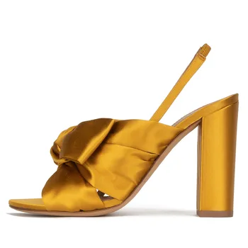 2023 נשים קשורה קיץ סנדלי העקב עבה Slingbacks קשת גבירותיי נעלי גודל גדול סאטן מסיבה עקבים גבוהים אלגנטית להתלבש נעליים