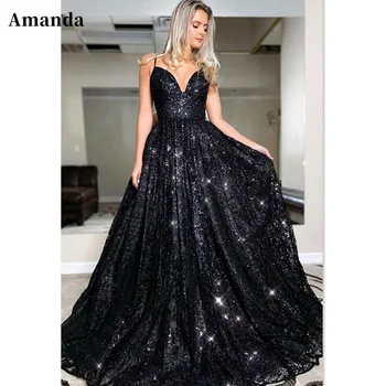 אמנדה שחור ספגטי רצועת שמלת ערב מהבהב 2023 שמלה לנשף נוצץ קו-שמלת מסיבת סקסי מחוך فساتين مناسبة رسمية