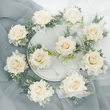 שמפניה משי רוז בדש לחתונה אדם סיכות פרחים מלאכותיים צמיד פרחים בדש דש הבגד לחתונה
