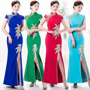 2023 סיני בציר שמלה מסורתית צ ' יפאו שמלת תחרה פרחים נצנצים cheongsam שמלת אלגנטי אירועים שמלת ערב vestido