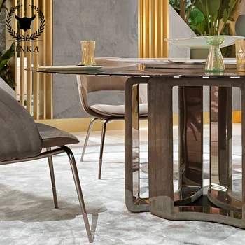 משיש טבעי זכוכית שולחן אוכל, כיסא שילוב סביב שולחן האוכל דירה גדולה נירוסטה האוכל