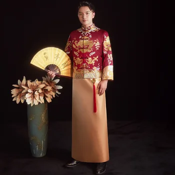 Yourqipao Xiuhe בגדי גברים לחתונה של החתן חליפות סיני טוסט כלה בתוספת גודל צמרות טאנג חליפת דרקון ופניקס החתונה סטים