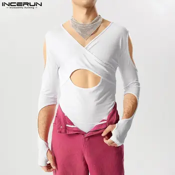 INCERUN 2023 סקסי Loungewear גברים חלולים עיצוב החליפות מסוגנן זכר מוצק נוח משולש שרוול ארוך בגדי הגוף S-5XL