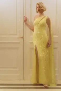 ים צהוב גבישי Beadings שמלות לנשף כתף אחת צד פיצול אורך רצפת רשמית לאירוע שמלת ערב שמלה