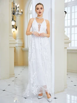 חדש להחליק הכלה של Suknia Slubna Rybka 2023 לבן תחרה צוואר V שמלת כלה ללא שרוולים אלגנטי פשוט מקסי שמלת שושבינה Vestidos