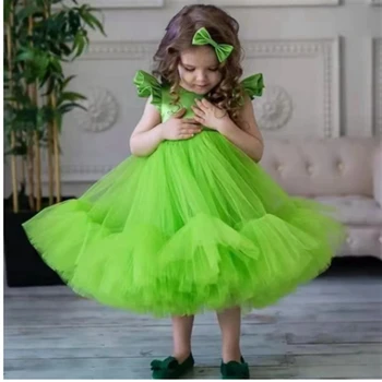 אלגנטי ירוק O-צוואר פרח ילדה שמלות חתונה 2023 הנסיכה טול שרוולים קצרים מסיבת יום הולדת נפוחות שמלות אכילת לחם הקודש