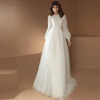 בציר שמלות כלה בוהו זמן פאף שרוולים תחרה, טול קו אלגנטי כלה שמלת 2021 החלוק דה mariee אורך רצפת לבן שנהב
