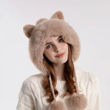 נשים החתול של האוזן כובע חמוד וכובע צמר עבה חורף חם אביזר אופנה פלאפי פונפונים גדולים כיסוי עבור פעילויות חוצות