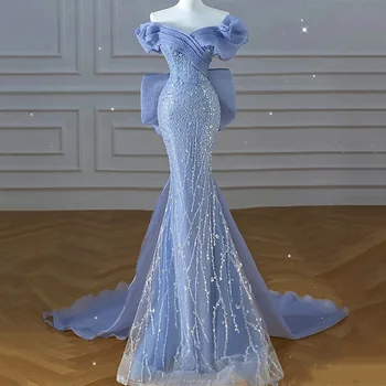 כחול Sequine בתולת ים שמלות ערב יוקרה אלגנטית לרדת כתף חרוזים רשמית נשף שמלות מסיבת Bowknot באורך רצפת Vestidos