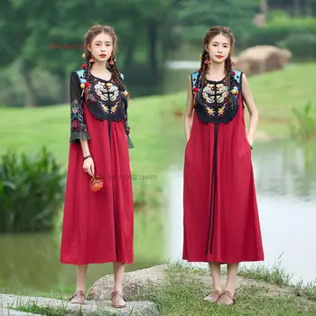 2023 סינית מסורתית בציר שמלה הלאומי פרח רקמה שמלת קיץ רטרו שיפור צ ' יפאו השמלה מזרחי ללא שרוולים שמלה