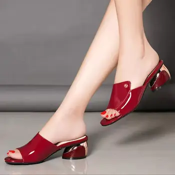 סקסית PU עור רך האדום נשים נעלי אופנה קיץ נקבה להחליק על עקבים נמוכים שקופיות אלגנטי בנות נעלי נוחות נעלי בית