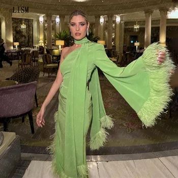 LISM ירוק סאטן קו נוצות כתף אחת מיוחדת ערב שמלות ערב שרוול ארוך אלגנטי החלוק דה לנשף שמלת נשף חדשה