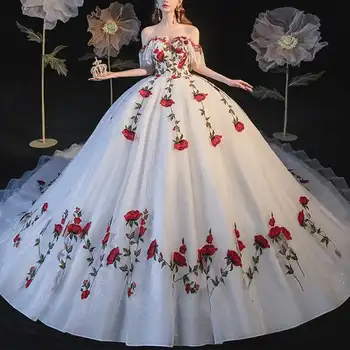 אלגנטית מתוקה רוז תחרה אפליקציה שמלת כלה את כתף שמלת נשף שמלות חתונה Vestidos דה נוביה