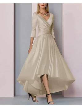 2023 גבוה נמוך אמא של שמלת הכלה V צוואר סימטרי באורך קרסול סאטן חצי שרוול מסיבת חתונה שמלות חלוק דה נשף