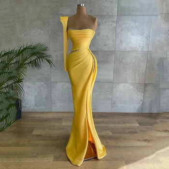 ערבית בתולת ים סקסית פורמליות שמלת כתף אחת שמלת מסיבת חתונה שרוולים ארוכים צהוב אירוע מיוחד שמלות עם חרוזים