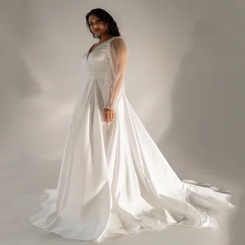 אלגנטיות בתוספת גודל שמלות חתונה עבור נשים V-Neck מלא שרוולים תחרה שמלות כלה סאטן קו רכבת לטאטא Vestido De Noiva