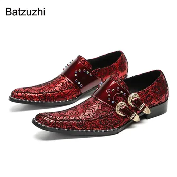 Batzuzhi יוקרה בעבודת יד נעלי גברים אדום עור אמיתי נעלי אלגנט גברים להחליק על אבזמים אופנה מסיבת חתונה נעליים לאדם.