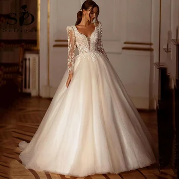 SoDigne נצנצים שמפניה לחתונה שמלות שרוול ארוך אפליקציות תחרה מודרנית כלה שמלת כלה טול שמלת vestidos דה נוביה
