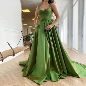 אלגנטי סאטן ירוק קו-שמלה גלימה De Bal מתוקה מחוץ כתף שרוול קצר כפתור כיס סיום שמלת ערב