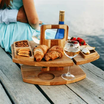 בבית חיצונית שולחנות עץ מתקפלים שולחן פיקניק עם מחזיק זכוכית עגול מתקפל השולחן, כוס יין מתלה מתקפל מגש חטיפים