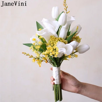 JaneVini לבן וצהוב החתונה זר כלה מלאכותי קאלה שושן צבעוני כלה פרחים, שושבינה זר דה Fleure Mariage