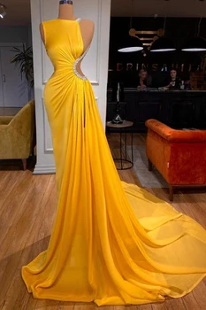 צהוב סקסי שמלה לנשף מסיבת ללבוש רשמי שמלות ארוכות רכבת לטאטא ללא שרוולים מחשוף גב בעיצוב מיוחד בהתאמה אישית Vestidos דה גאלה