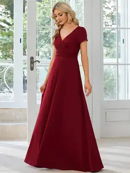 אלגנטי שמלות ערב צוואר V שרוול קצר המותניים משיכה באורך רצפת 2023 שיפון בורדו, שמלות שושבינה