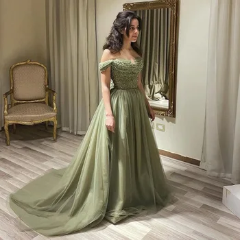 Xijun אלגנטי טול שמלות נשף את הכתף קריסטל חרוזים נצנצים הסעודית ערבית קו שמלות ערב רשמי שמלה למסיבת