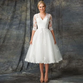 קצרה שמלות חתונה 2022 תה אורך כלה שמלת V-צוואר חצי שרוולי החלוק De Mariée Vestido De נוביה קו אלגנטי שמלות ד