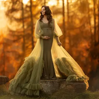 ירוק צייד בתולת ים שמלת היריון עבור פוטושוט גלימת נשף שמלות עם להסרה חצאית הריון Babyshower רחצה