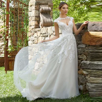 על ג 'ו ג' אלגנטי בוהו נסיכת שמלות חתונה 2023 תחרה, אפליקציות סקופ צוואר שמלת הכלה עם כפתור סאטן Vestido De נוביה