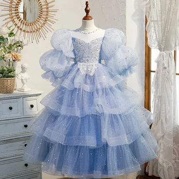 חדש שמלת ילדה פרח לבן, אור כחול פאף שרוול טירת הנסיכה שמלת מסיבת חתונה רשמית לאירוע התייחדות בגדים